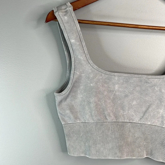 GUESS Grey Crop Tank Top/Sports Bra Logo Nylon  Stretch Acid Wash 80’s Vibe M/L - Picture 2 of 10